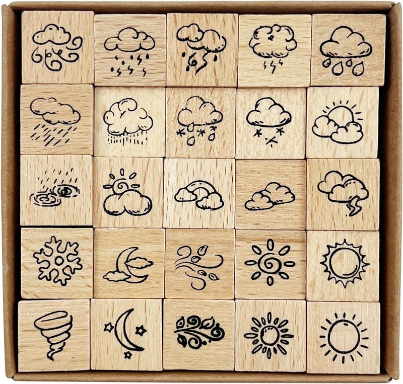 ZMLSED 25pcs Weather Wooden Rubber Stamps Kit, Cute Small Weather Theme Stamps for Decorative Diary Planner DIY Craft Scrapbook Card Making Letters Journal - Image 1